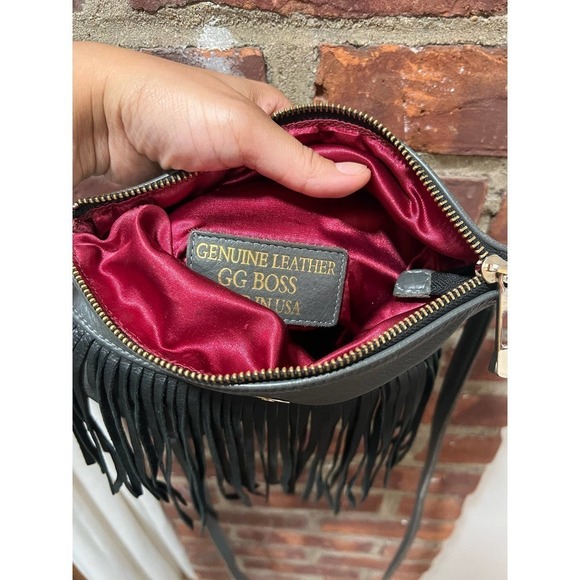 GG BOSS Boho Fringe Leather Crossbody Bag Black Grey - Picture 7 of 7